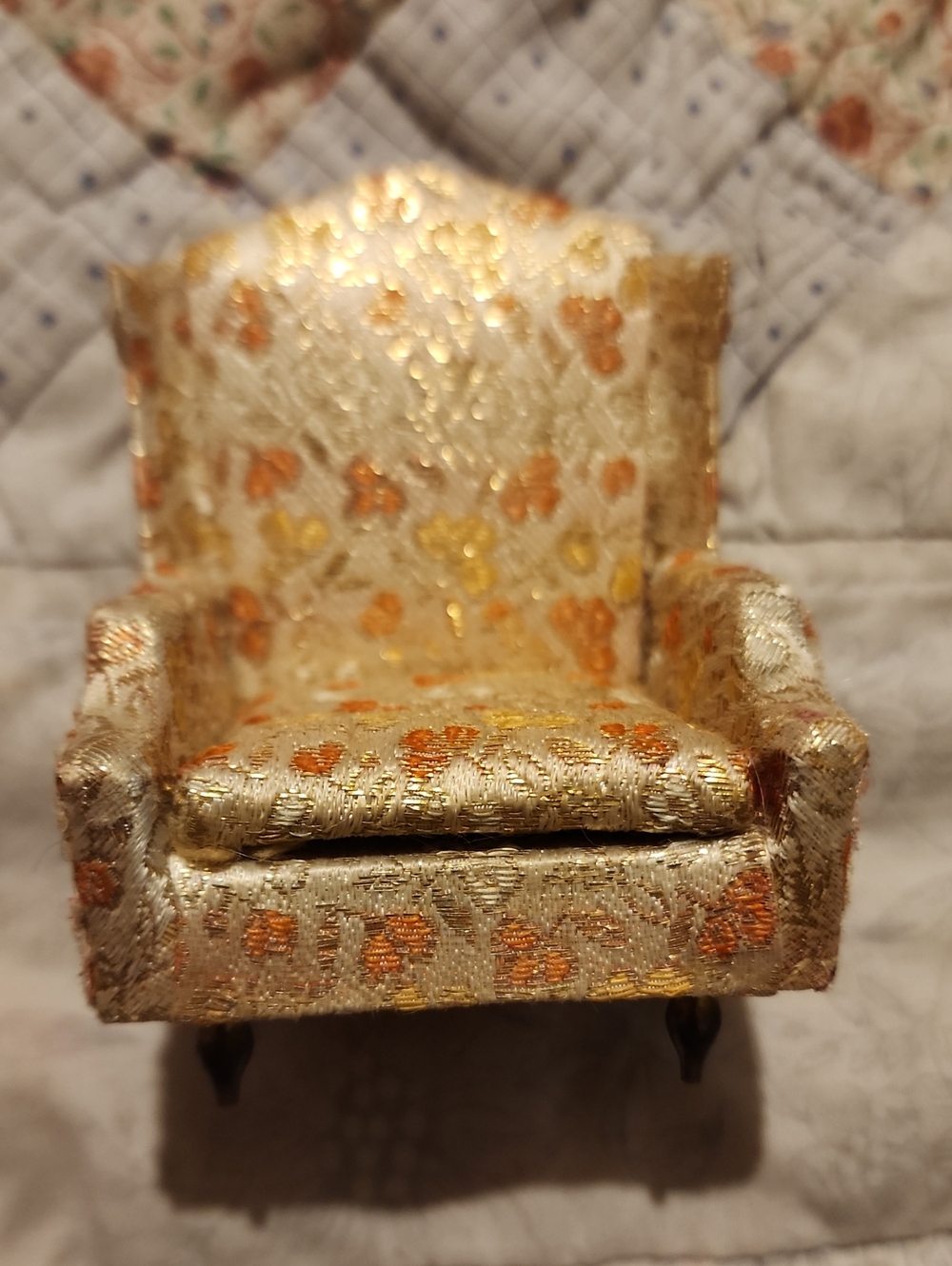 Vintage 1960s Ideal Petite Princess Dollhouse Gold Brocade Wing Chair